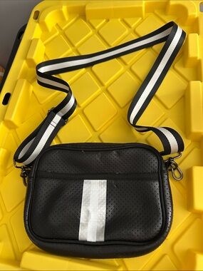 Haute Shore Black Crossbody Bag with Striped Strap